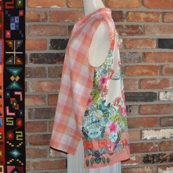 JOHNNY WAS 3J Workshop Sleeveless Blouse Silk Cotton Floral Sheer Plaid Tunic M - Picture 6 of 7